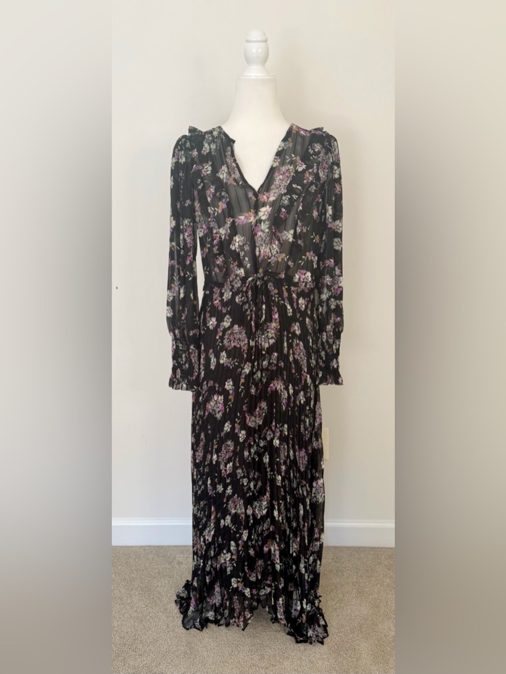 Rebecca Taylor Floral Pleated Long-SleeveDress - Purple & White Floral
